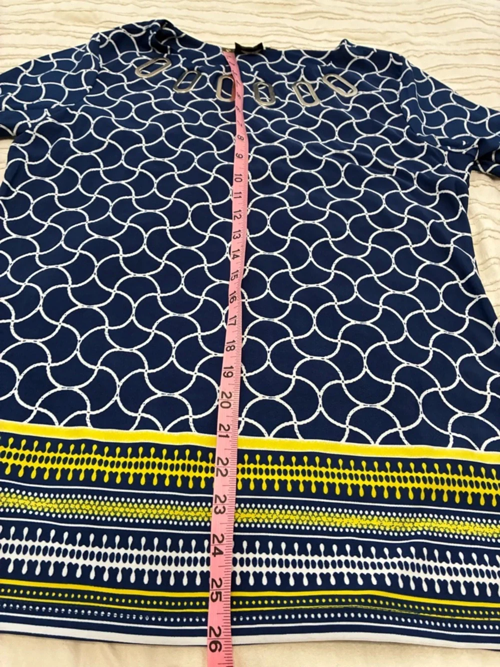 Navy & White Geometric Tunic with metal Accent Neckline. Flattering Feminine - Picture 10 of 11